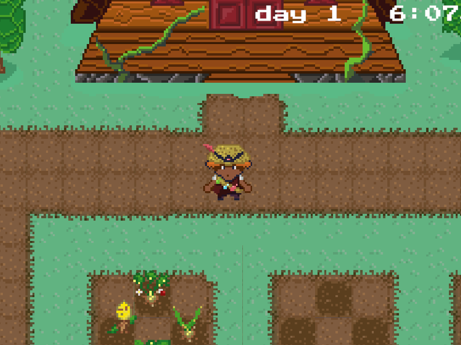 thumbnail for this game, Harvest Quest, showing the pixel art little farmer player prefab standing in front of a house, with farming plots in front of them and text in the top right saying 'day 1  6:07'